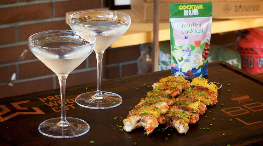 Spiedini Arancia, Lardo, Gamberi e Martini Cocktail